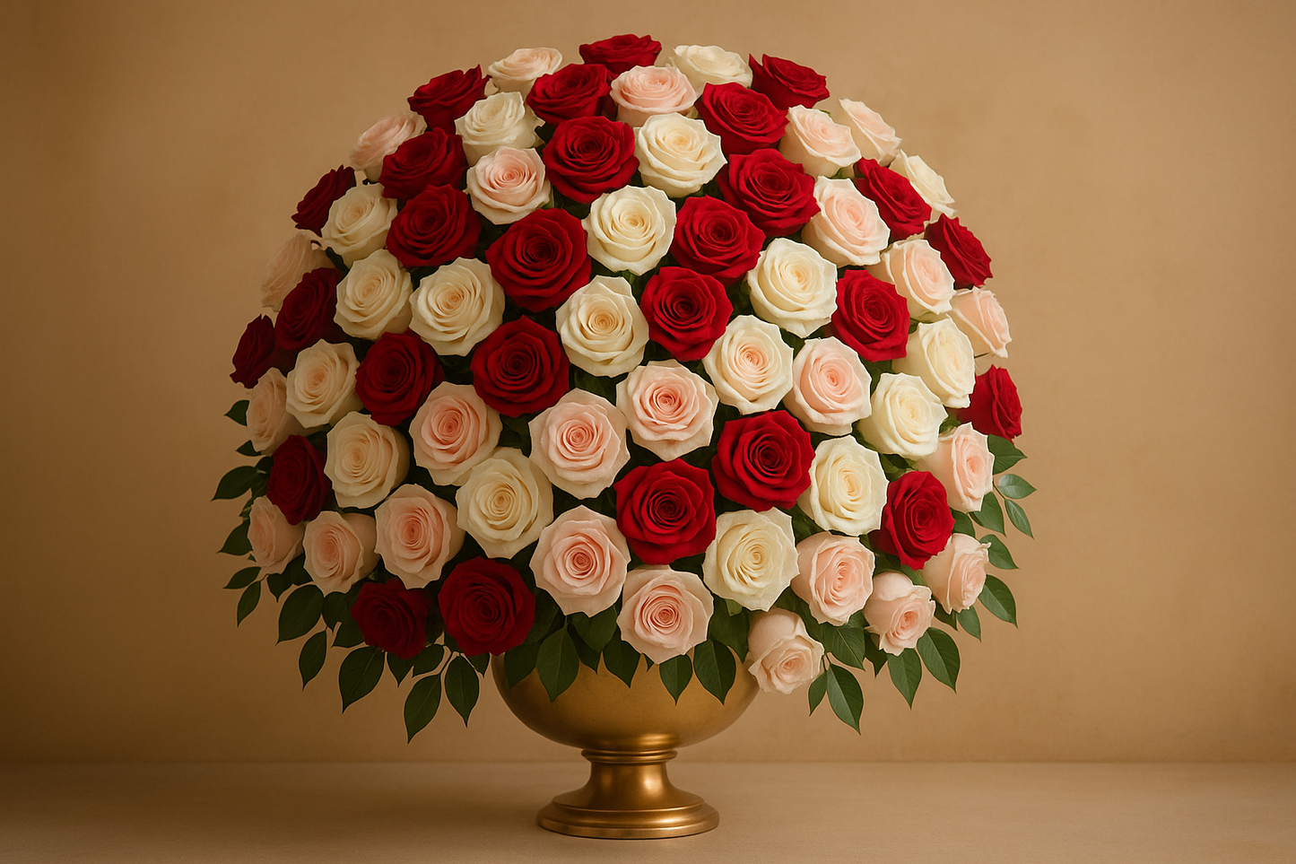 Dubai Majesty 200-flower luxury bouquet with red, white, and pink roses