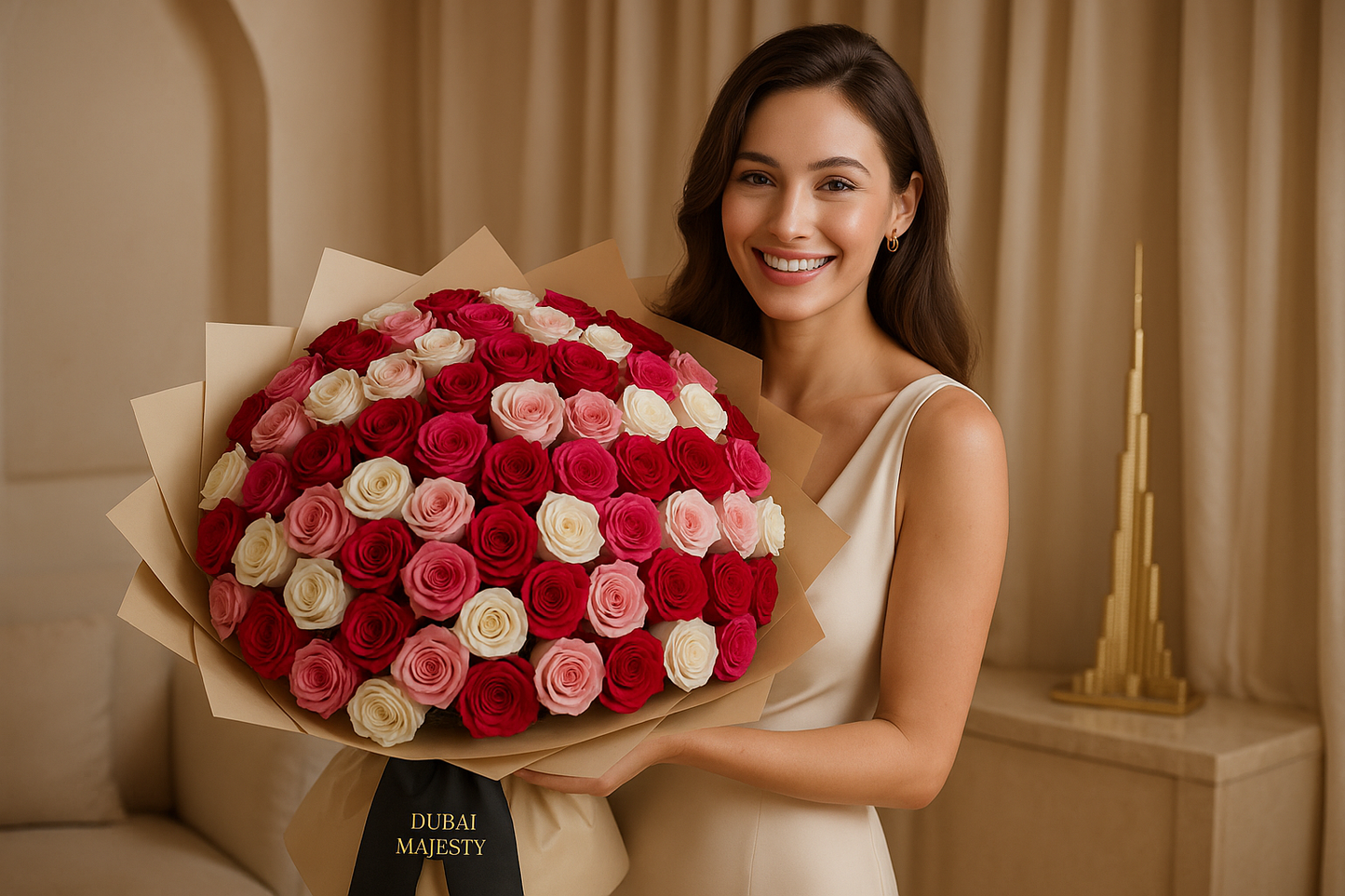 Beautiful woman holding Dubai Majesty luxury bouquet
