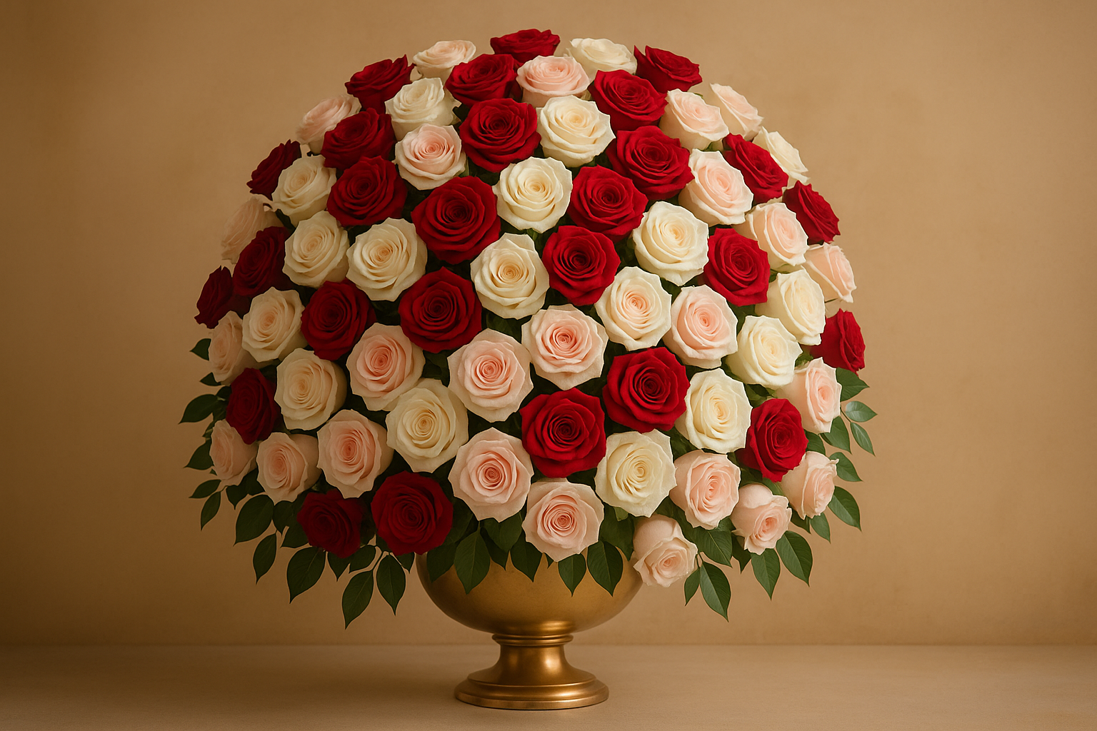 Dubai Majesty 200-flower luxury bouquet with red, white, and pink roses