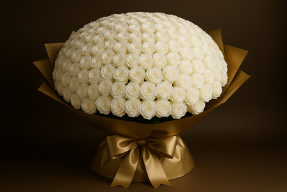 Dubai Pearl bouquet with 200 white roses in elegant golden wrapping
