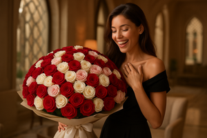 Woman receiving Dubai Majesty bouquet as surprise gift