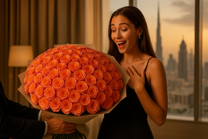 Model receiving Dubai Sunset bouquet as surprise gift