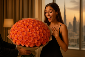 Model receiving Dubai Sunset bouquet as surprise gift