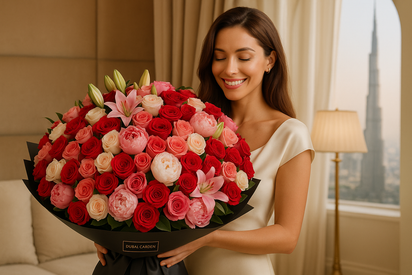 Beautiful model holding Dubai Garden luxury mixed bouquet