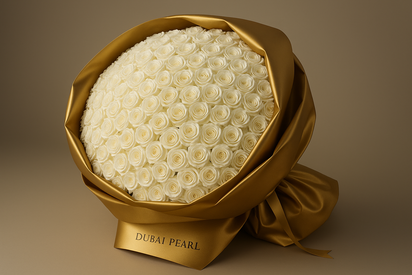 Dubai Pearl bouquet - three-quarter view with golden packaging