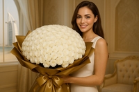 Beautiful model holding Dubai Pearl bouquet with golden wrapping
