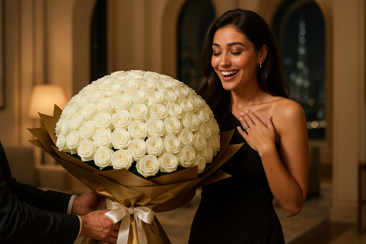 Model receiving Dubai Pearl bouquet as surprise gift